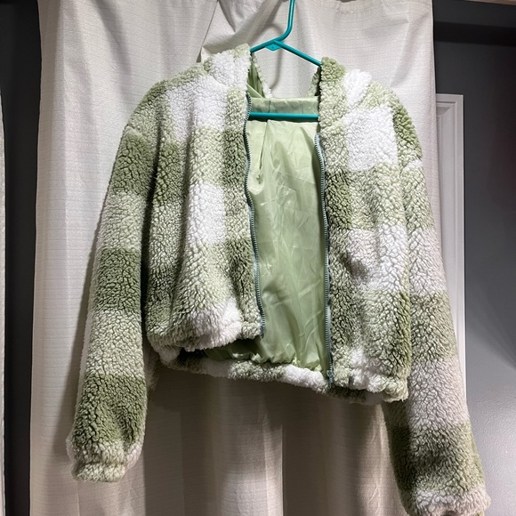 Green crop Sherpa jacket coat - Picture 2 of 6